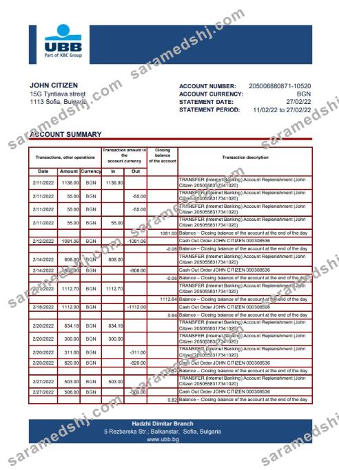 Bulgaria UBB bank statement